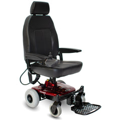Shoprider Jimmie power wheelchair in burgundy, right front three-quarter view