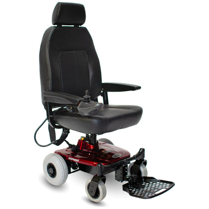 Shoprider Jimmie power wheelchair in burgundy, right front three-quarter view