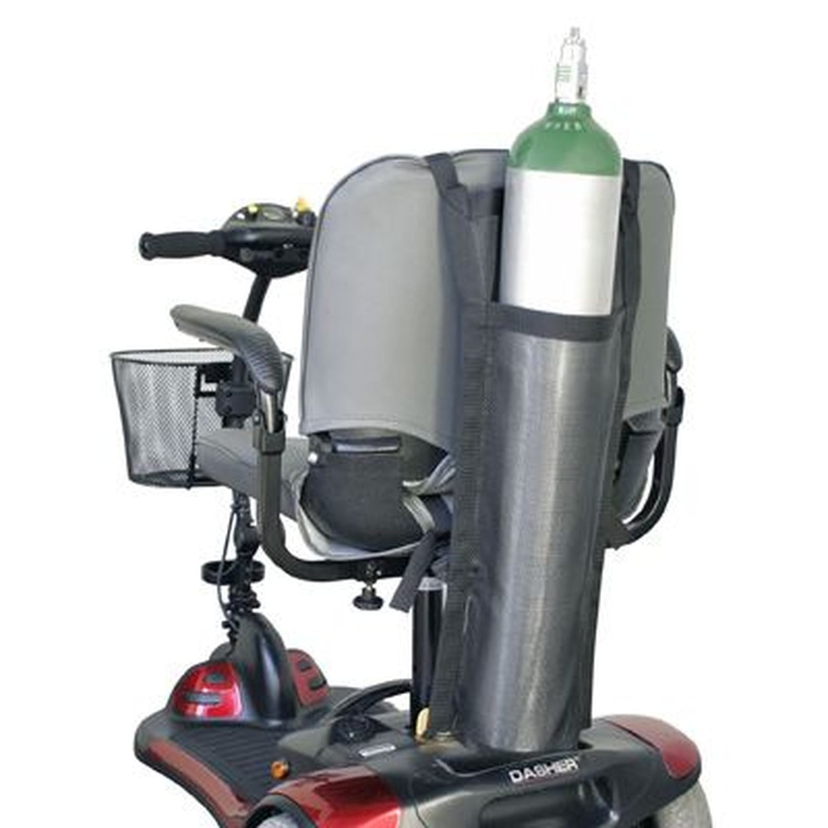 Shoprider mesh oxygen tank holder hung on the back of a Shoprider Dasher seat, holding an oxygen cylinder