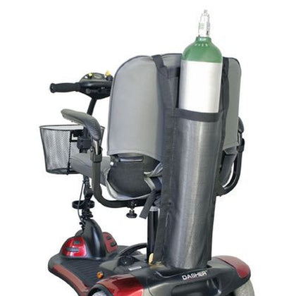 Shoprider mesh oxygen tank holder hung on the back of a Shoprider Dasher seat, holding an oxygen cylinder