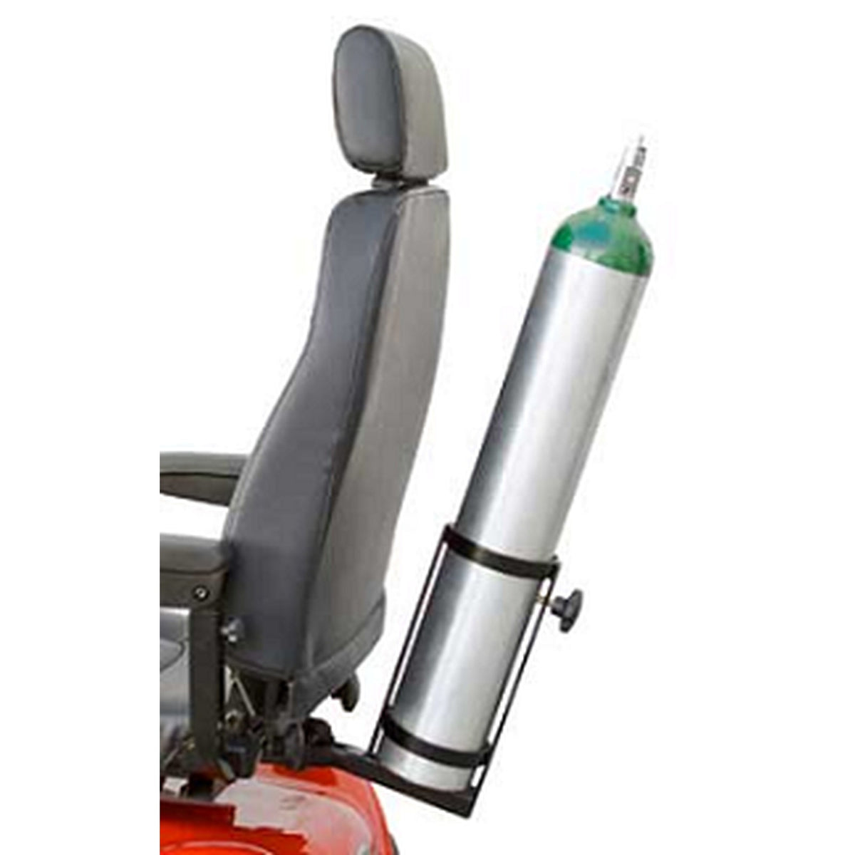 Shoprider metal oxygen tank holder mounted behind a captain seat, holding an oxygen cylinder