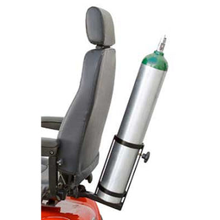 Shoprider metal oxygen tank holder mounted behind a captain seat, holding an oxygen cylinder