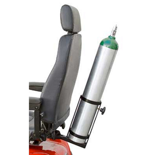 Shoprider metal oxygen tank holder mounted behind a captain seat, holding an oxygen cylinder