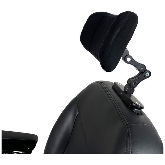 Shoprider multi-position headrest bracket with a gel pad on a captain seat