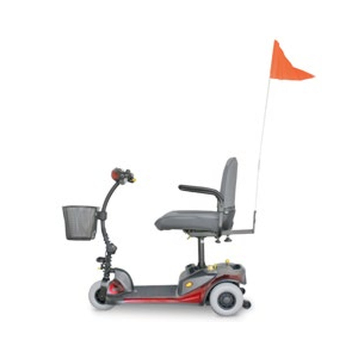 Shoprider safety flag on a pole mounted behind the seat of a Shoprider scooter