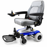Shoprider Smartie power wheelchair in blue, front three-quarter view