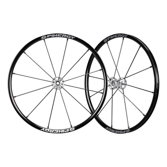 A pair of Spinergy Lite Extreme LX wheels with black spokes and silver hubs