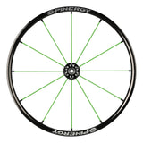 Spinergy Lite Extreme LX wheel with green spokes and a black hub