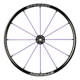 Spinergy Lite Extreme LX wheel with purple spokes and a black hub