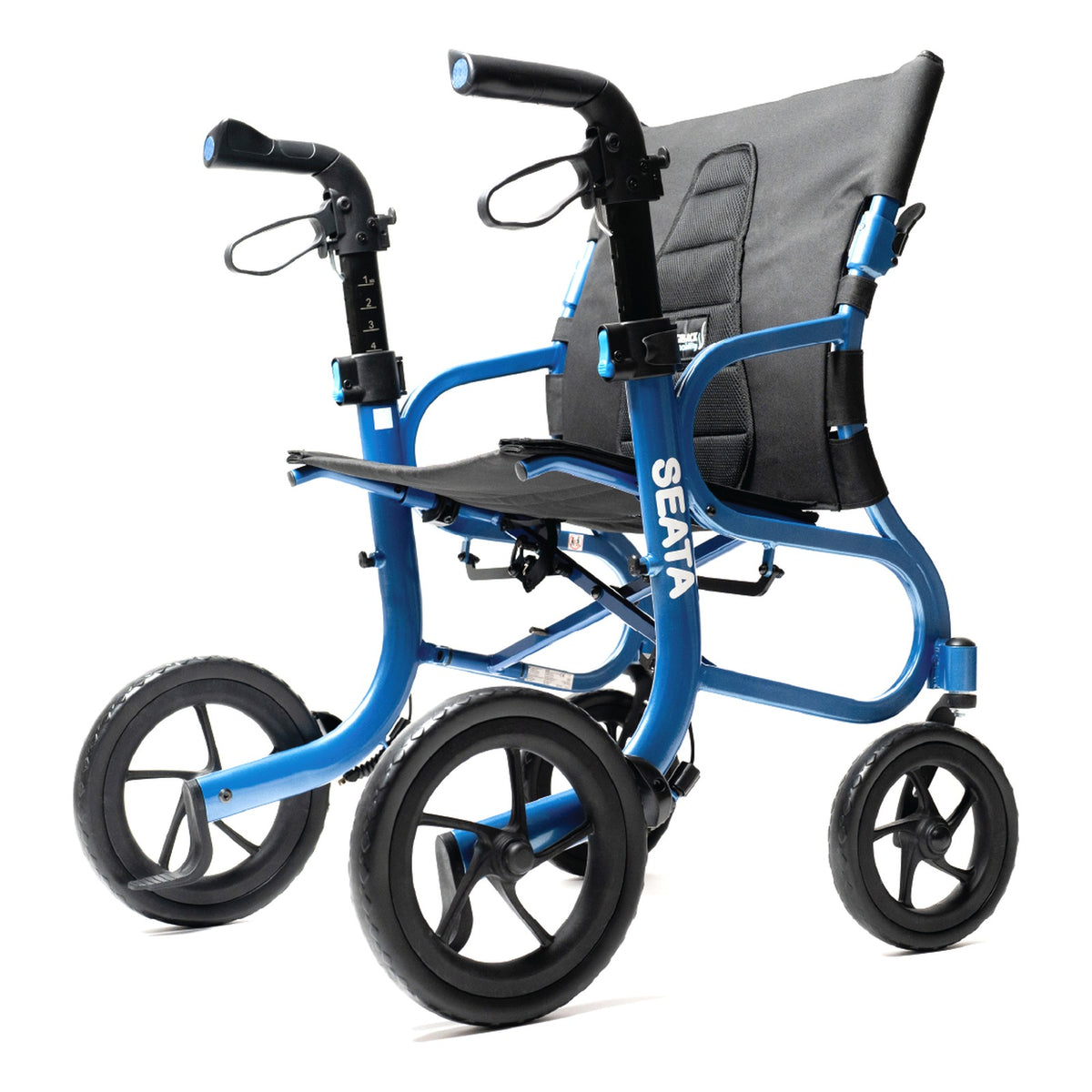 Strongback SEATA rollator, three-quarter front view with the seat down and backrest up