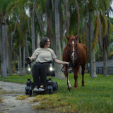 A woman driving the ev¹ on a grass path beside a horse