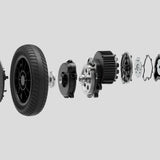 The ev¹ rear wheel and drive motor, exploded view