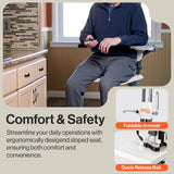 A person seated on the raised GoRise FS at counter height, with the folding armrest and safety belt shown