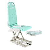 SuperHandy GoRise LT portable floor and bath lift in Aqua Blue, raised, with the folded lift beside it