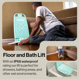 GoRise LT in Aqua Blue used beside a sofa and in a bathtub
