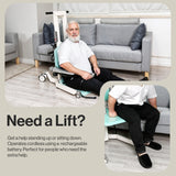 A person moving from the floor onto the lowered GoRise TX seat, then seated at sofa height