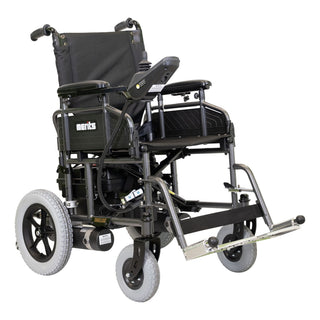 Merits Travel-Ease folding power wheelchair in Silvertone, three-quarter view facing right