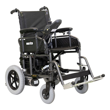 Merits Travel-Ease folding power wheelchair in Silvertone, three-quarter view facing right
