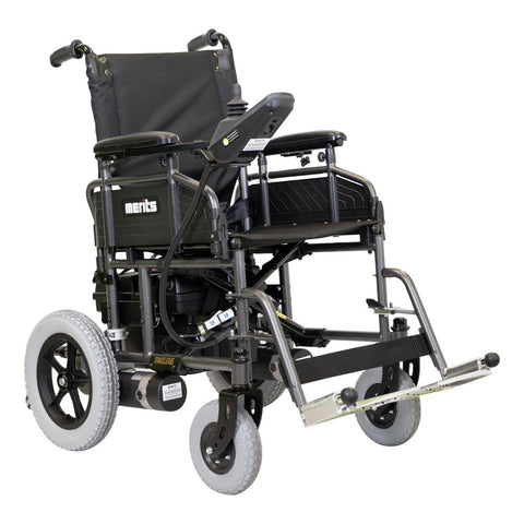 Merits Travel-Ease folding power wheelchair in Silvertone, three-quarter view facing right