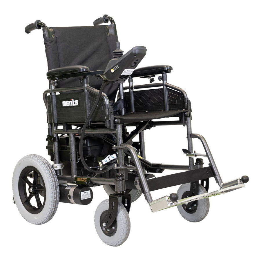 Merits Travel-Ease folding power wheelchair in Silvertone, three-quarter view facing right