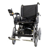 Merits Travel-Ease folding power wheelchair, front view showing the sling seat and swing-away footrests