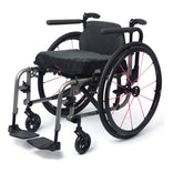 TiLite 2GX titanium folding wheelchair in satin titanium with a swing away front end and pink Spinergy spokes, front three-quarter left view