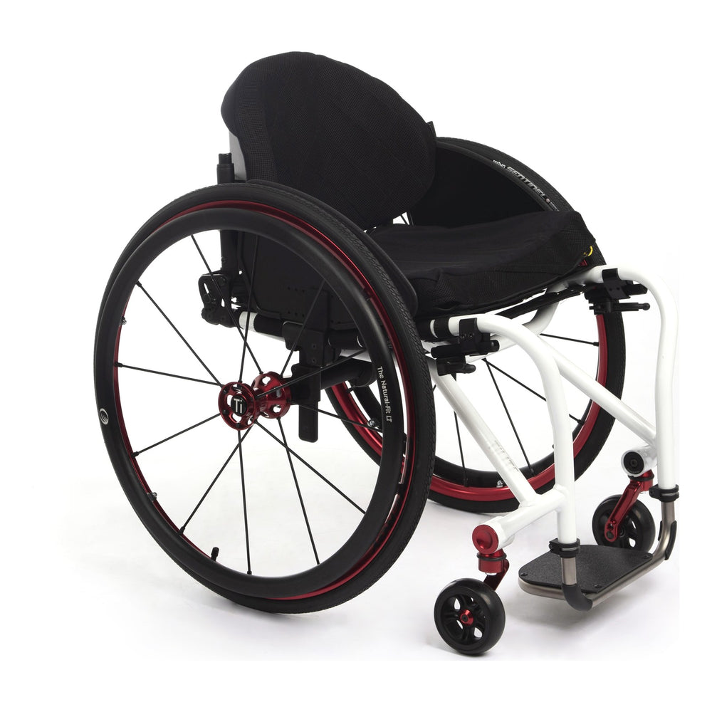 TiLite Aero T rigid wheelchair with a white frame and the red anodize package, front three-quarter view