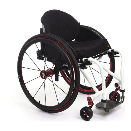 TiLite Aero T rigid wheelchair with a white frame and the red anodize package, front three-quarter view