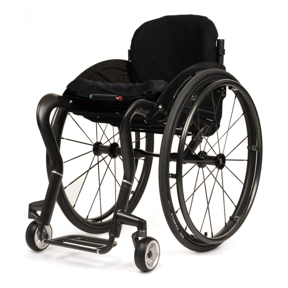 TiLite CR1 carbon fiber rigid wheelchair with charcoal grey anodizing and black Spinergy SPOX rear wheels, front three-quarter left view