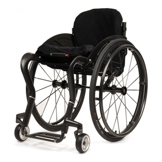 TiLite CR1 carbon fiber rigid wheelchair with charcoal grey anodizing and black Spinergy SPOX rear wheels, front three-quarter left view