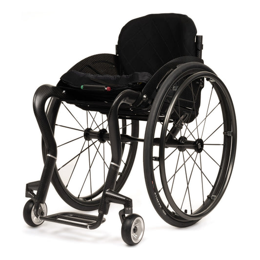TiLite CR1 carbon fiber rigid wheelchair with charcoal grey anodizing and black Spinergy SPOX rear wheels, front three-quarter left view