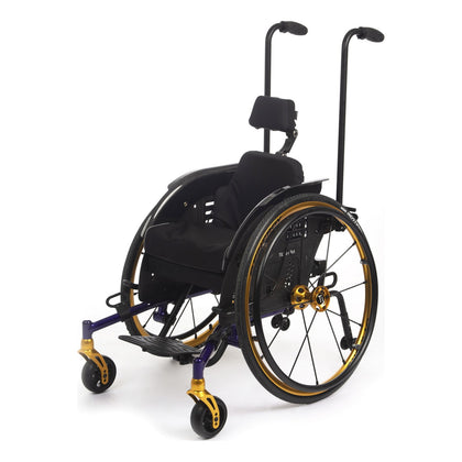 TiLite Pilot pediatric wheelchair in Indigo Purple with gold anodizing, Spinergy wheels, dual push handles and the head support, front three-quarter left view