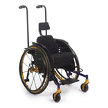 TiLite Pilot from the front three-quarter right, showing the angle adjustable footrest and 4" front wheels