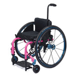TiLite Twist pediatric wheelchair in Neon Pink with blue anodizing, Spinergy wheels and the center mount push handle, front three-quarter left view