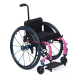 TiLite Twist from the front three-quarter right, showing the angle adjustable footrest and 4" front wheels