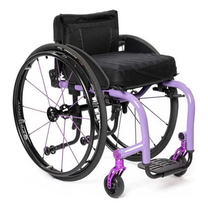 TiLite Z aluminum rigid wheelchair in a purple anodize with Spinergy SPOX wheels, front three-quarter right view