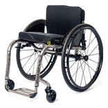 TiLite ZR titanium rigid wheelchair in satin titanium with a tattoo on the front frame tubes, front three-quarter view