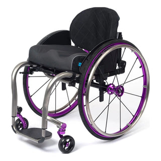 TiLite ZRA titanium rigid wheelchair in satin titanium with the purple anodize package, front three-quarter view