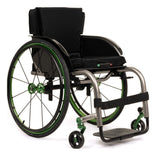 TiLite ZRA with green anodize, a Creative Mobility Division build with a calf strap and flat footrest, front three-quarter view