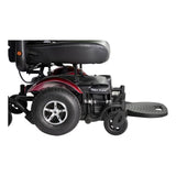 Close-up of the Merits Vision Super powerbase, independent suspension and 12 inch foam-filled drive wheel