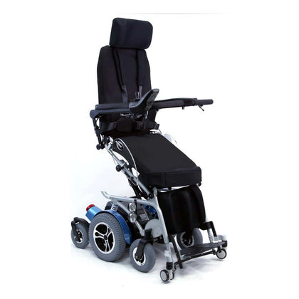 Karman XO-505 full electric standing wheelchair, seated, three-quarter view