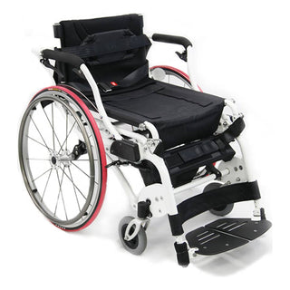 Karman XO-55 Horizon manual standing wheelchair, seated, three-quarter view