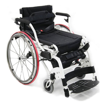 Karman XO-55 Horizon manual standing wheelchair, seated, three-quarter view