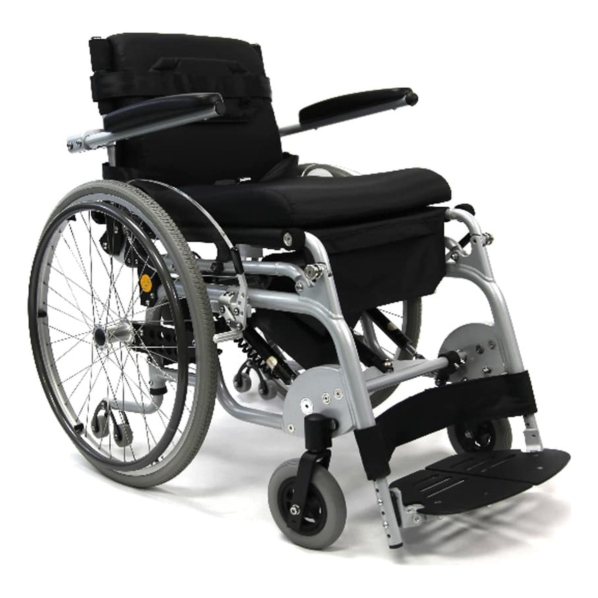 Karman XO-101 semi-electric standing wheelchair, seated, three-quarter view