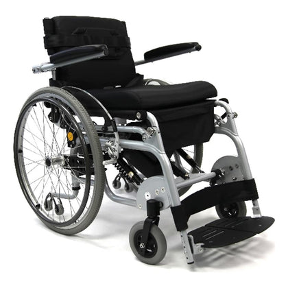 Karman XO-101 semi-electric standing wheelchair, seated, three-quarter view