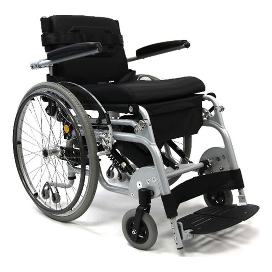 Karman XO-101 semi-electric standing wheelchair, seated, three-quarter view