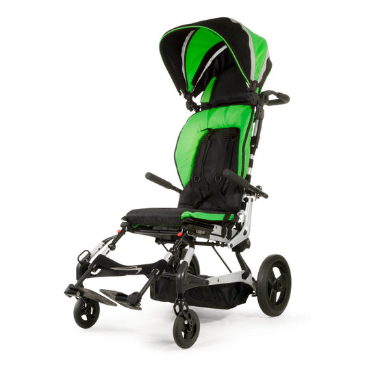 Zippie Sphynx folding tilt wheelchair stroller in green with canopy and underseat basket