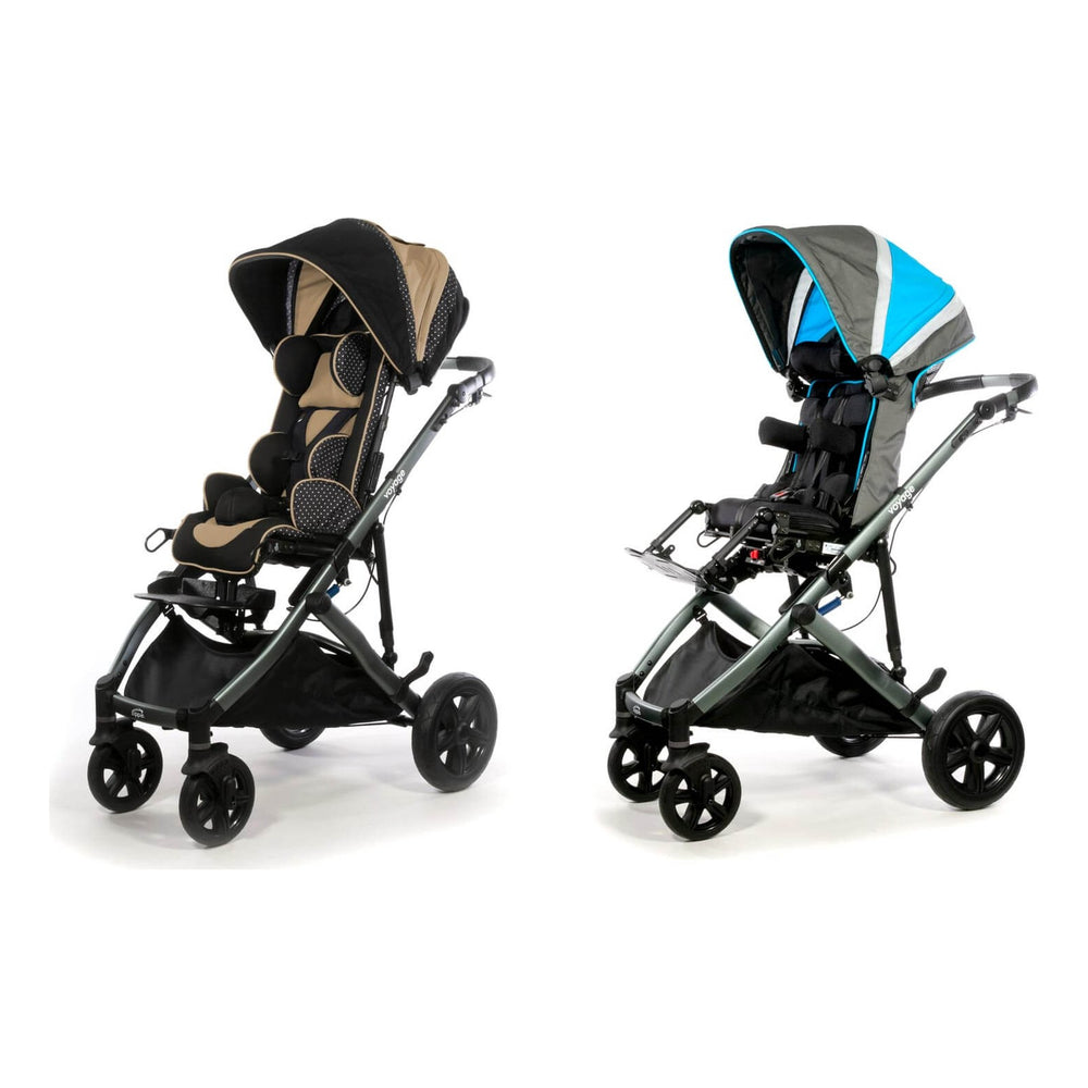 Zippie Voyage with Moderate Seating in beige and Advanced Seating with a blue canopy