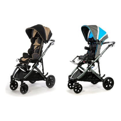 Zippie Voyage with Moderate Seating in beige and Advanced Seating with a blue canopy