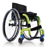 Zippie Zone in green with blue anodized parts, front three quarter view